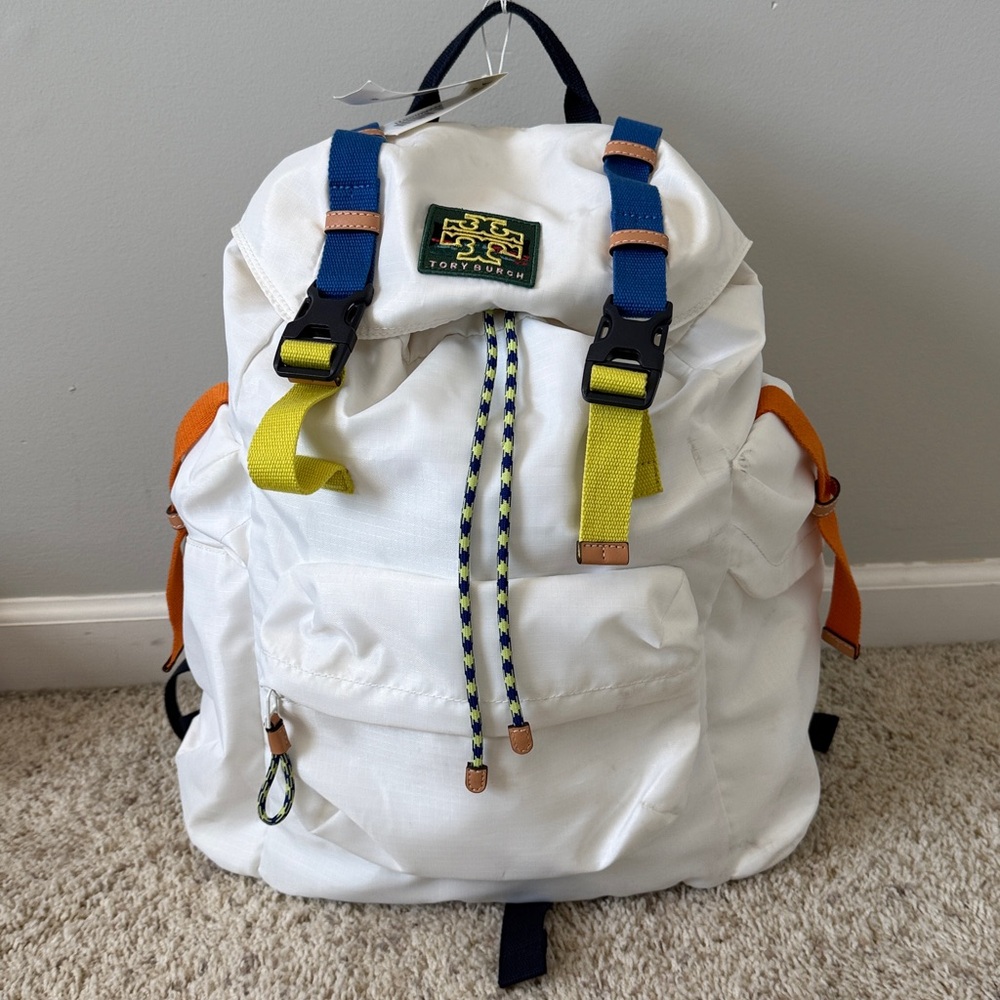 Tory Burch Ripstop White Backpack with Orange, Blue, and Yellow Details